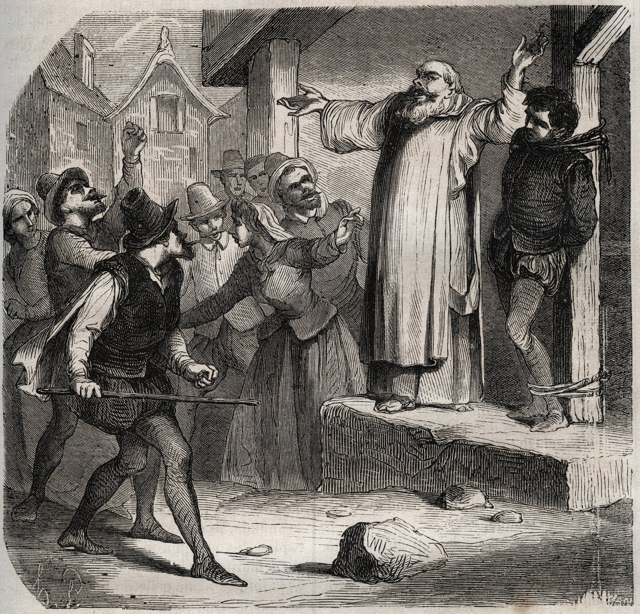 Arnaud du Tilh (Thil) wird an einen Galgen gebunden und vor seiner Hinrichtung für die Usurpation der Identität von Martin Guerre (circa 1524 um 1560) den Beleidigungen der Menge ausgesetzt. Gravur von 1871 in „Histoire Des Cocuses Celebres“ von Henry de K von French School