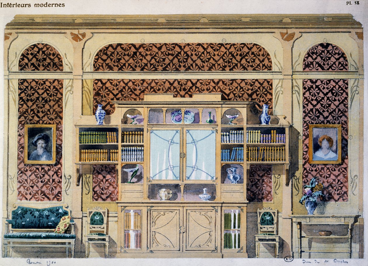 Art Nouveau Bibliothek, Illustration aus der Zeitschrift Interieurs Modernes von French School