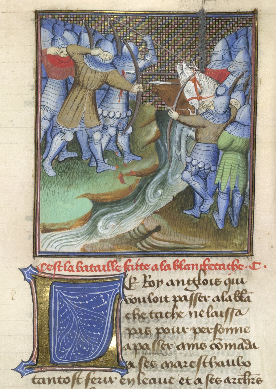 Arundel 67, f.144, Mittelalterliche Soldaten kämpfen über einen Fluss, aus Chroniques d