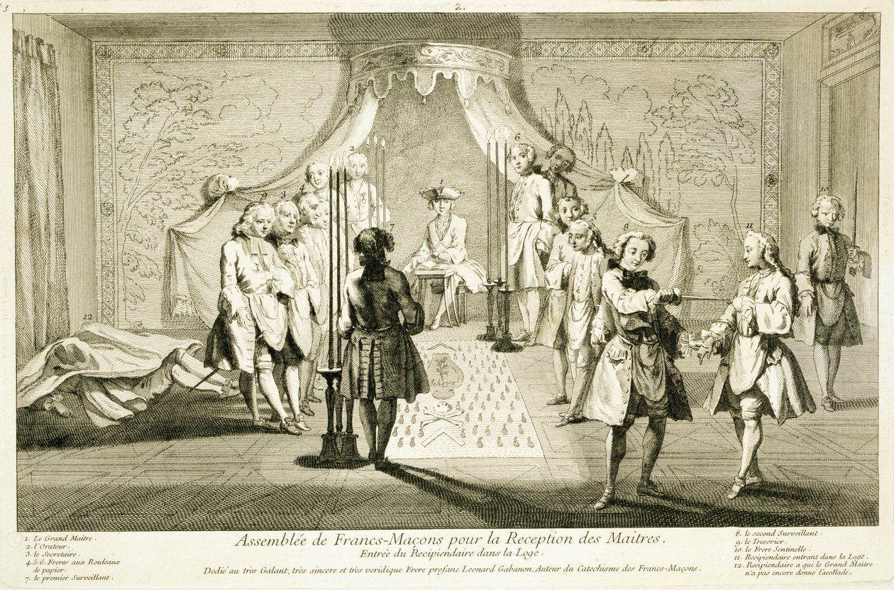Versammlung der Freimaurer zur Einweihung eines Meisters, der Eintritt des Kandidaten in die Loge, aus Die Zeremonien der Religion und des Brauchtums, um 1733 von French School