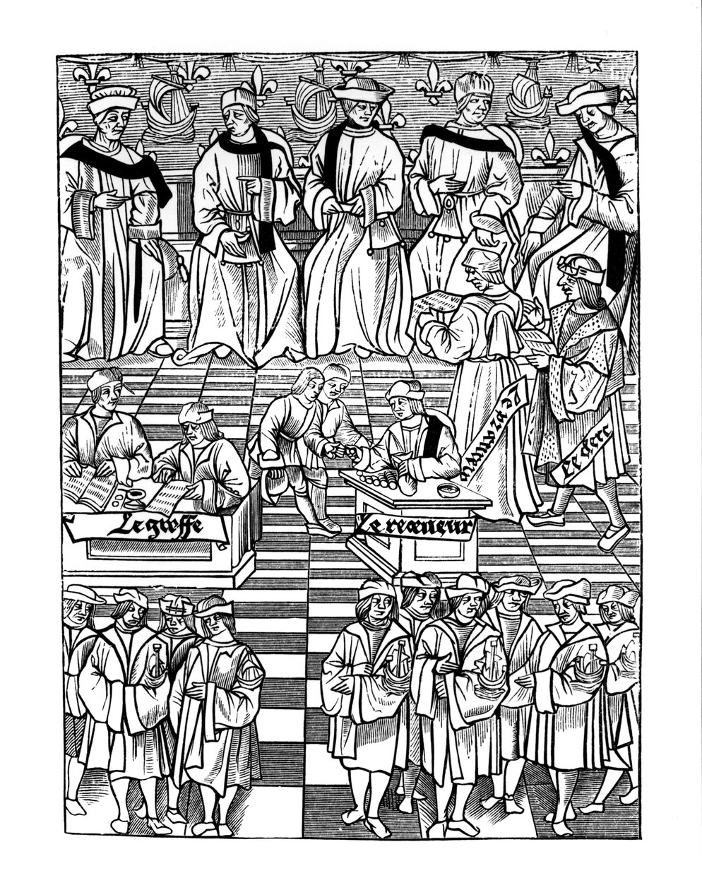 Versammlung der Vorsteher der Kaufleute von Paris, nach einem Holzschnitt in Ordannances Royaux de la Jurisdiction de la Prevote de Marchands et Eschevinage de la Ville de Paris von Jacques Nyverd von French School