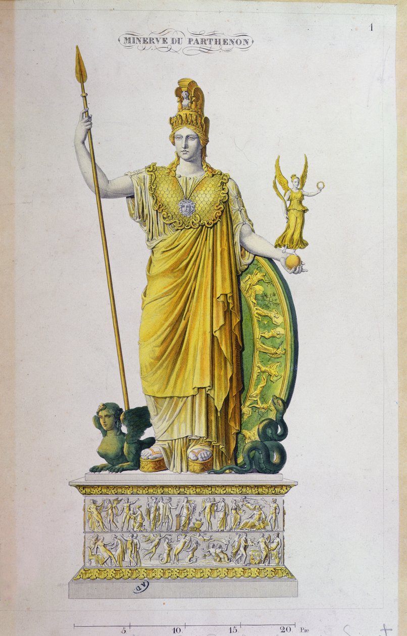 Athena Parthenos, Statue vom Parthenon, Athen (Farbgravur) von French School
