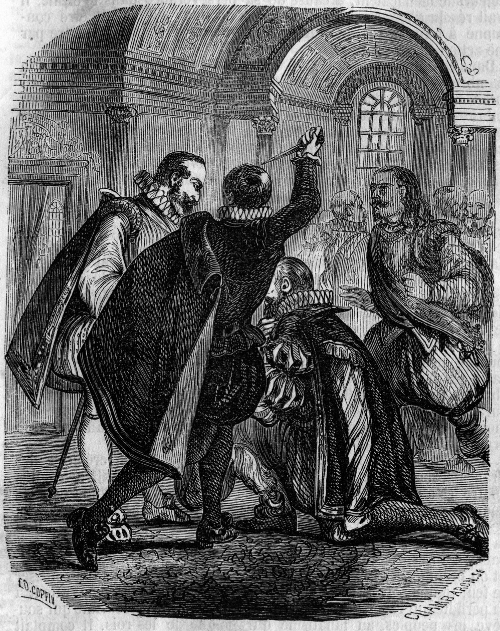 Attentatsversuch von Jean Chastel (1575-1594) auf den König von Frankreich Heinrich IV. am 27. Dezember 1594. Gravur des 19. Jahrhunderts. von French School