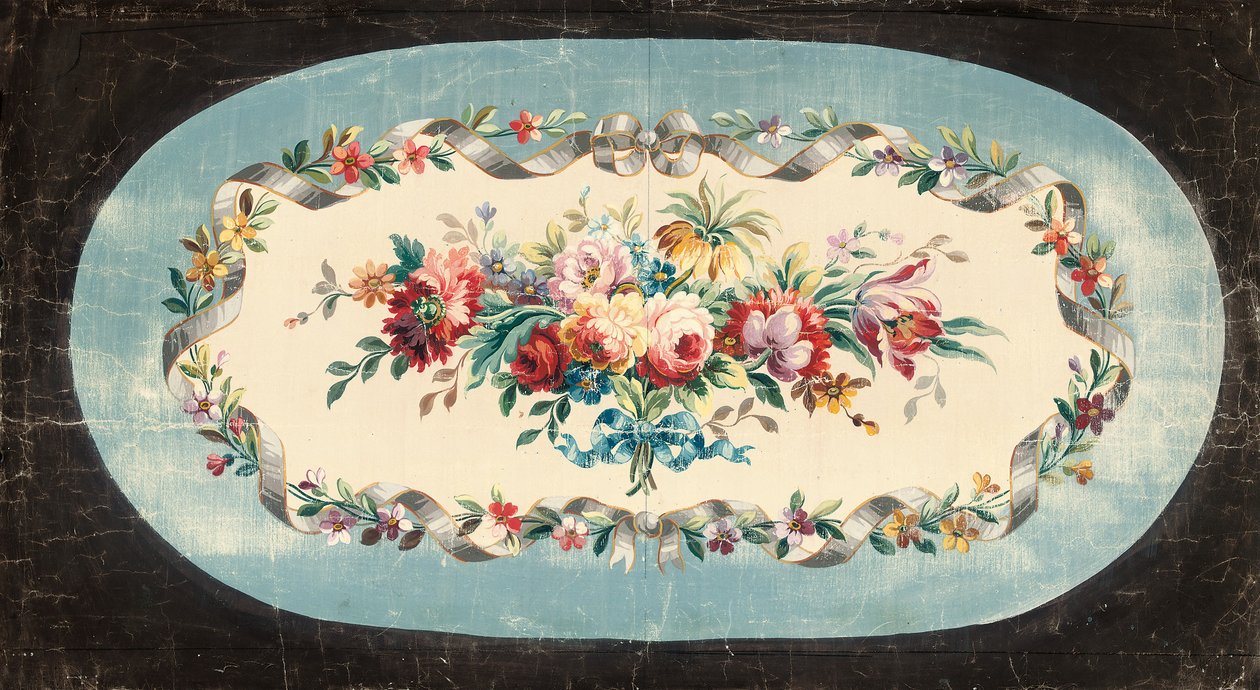 Aubusson-Design für eine Sofarückseite oder Sitzrückseite mit Blumensträußen innerhalb von Bändern und Blumenrändern von French School