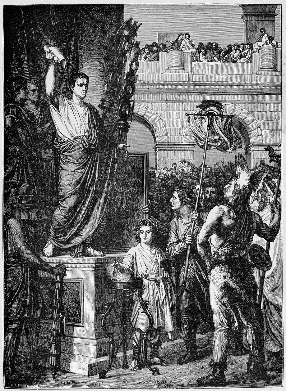Augustus (Octavian oder Octavian) (63 v. Chr. - 14 n. Chr.) präsentiert die Verfassung den Abgeordneten der drei Provinzen von Keltisch-Gallien, die sich in Lyon versammelt haben (Jahr 10 n. Chr.) - in „Frankreich und die Franzosen durch die Jahrhunderte“ von French School