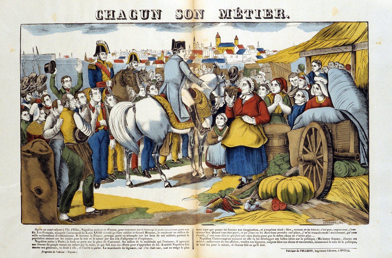 Rückkehr von der Insel Elba, Napoleon wurde von den Franzosen begeistert empfangen. Bild von Epinal von French School