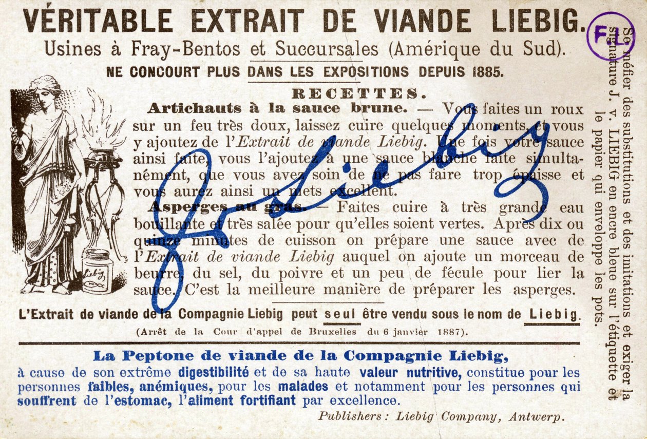Rückseite der Liebig-Karte mit dem Rezept für Artischocken mit brauner Sauce. Werbe-Chromolithographie von French School