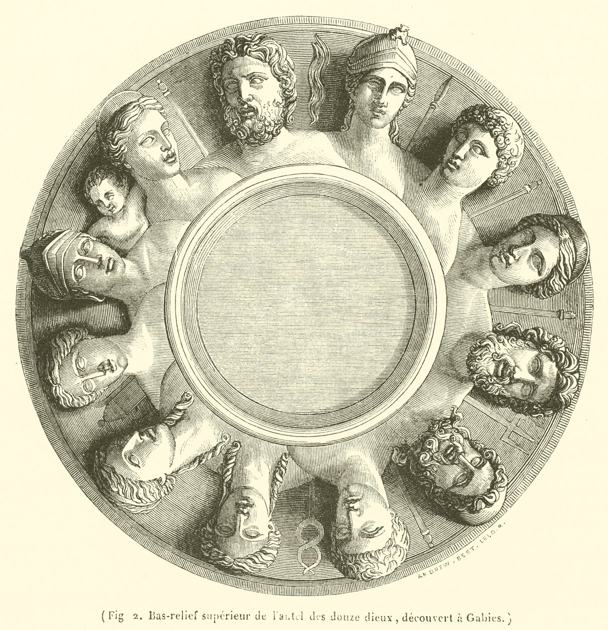 Oberes Basrelief des Altars der zwölf Götter, entdeckt in Gabies (Gravur) von French School