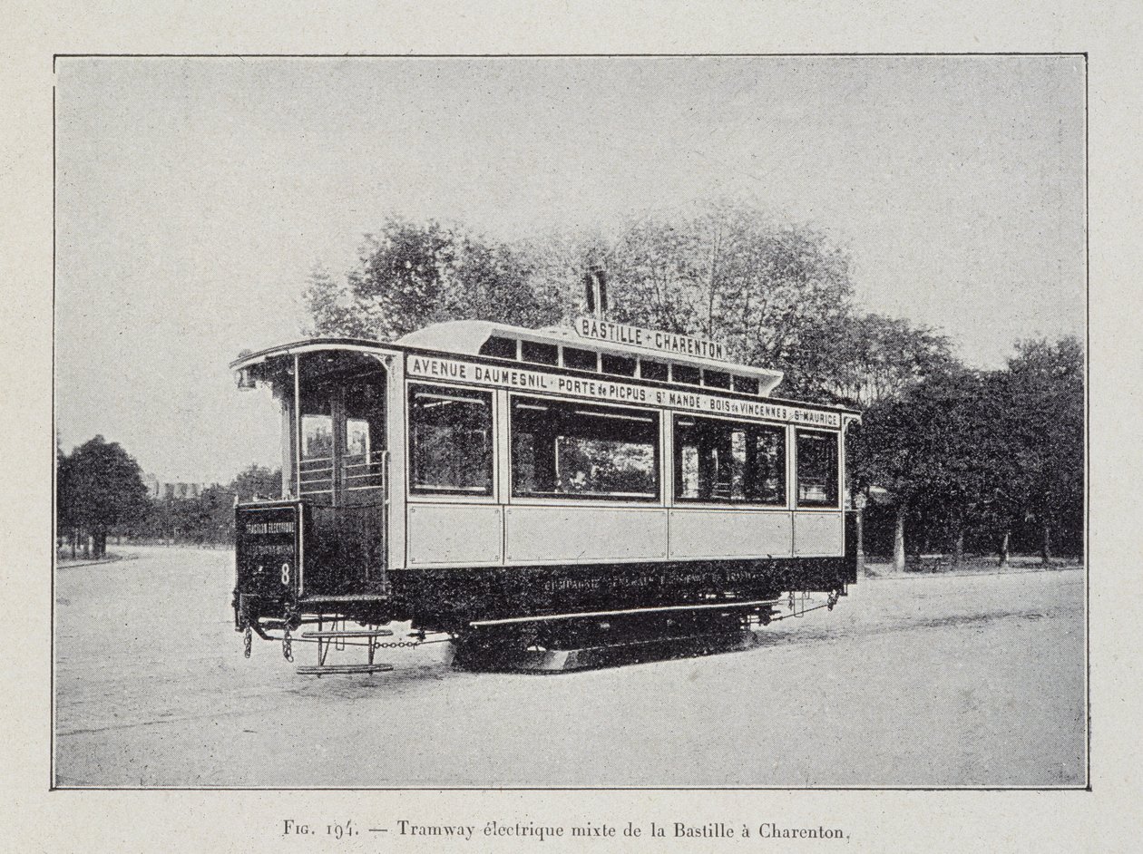 Bastille-Charenton-Elektrostraßenbahn - in „Durch die Elektrizität“ von G. Davy von French School