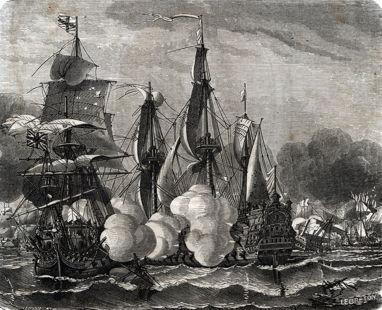 Schlacht von Bantry Bay, Seeschlacht am 11. Mai 1689, eine Woche vor der Erklärung des Neunjährigen Krieges (Gravur aus Lahure) von French School