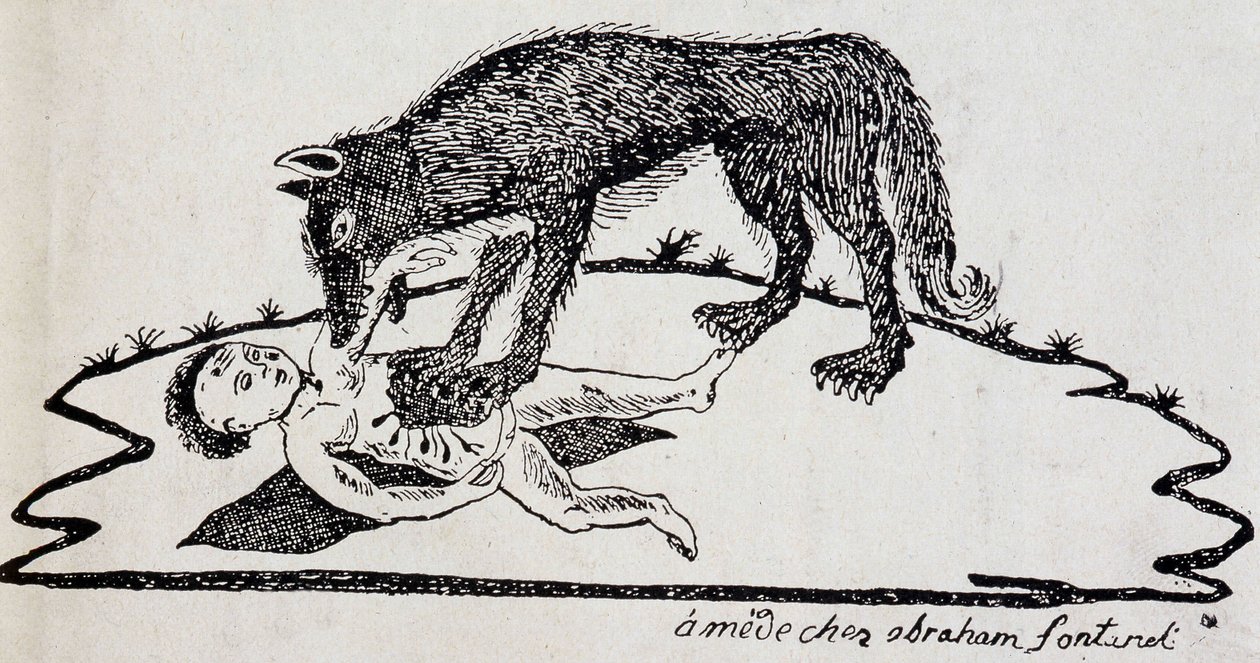Bestie zerreißt ein Kind (Bestie des Gévaudan) - Holzstich veröffentlicht in Mende (Archive du Puy-de-Dôme) von French School