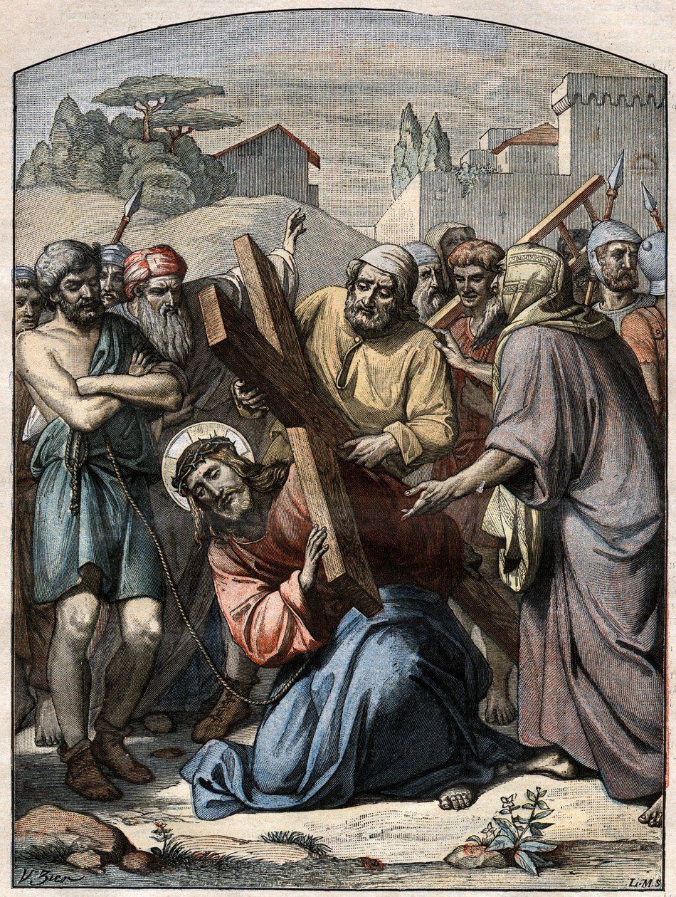 Biblische Szene - Kreuzweg: Jesus wird von Simon von Cyrene (dem Zyrenäer) geholfen. Gravur in „Le Pelerin“ vom 13. September 1896 von French School