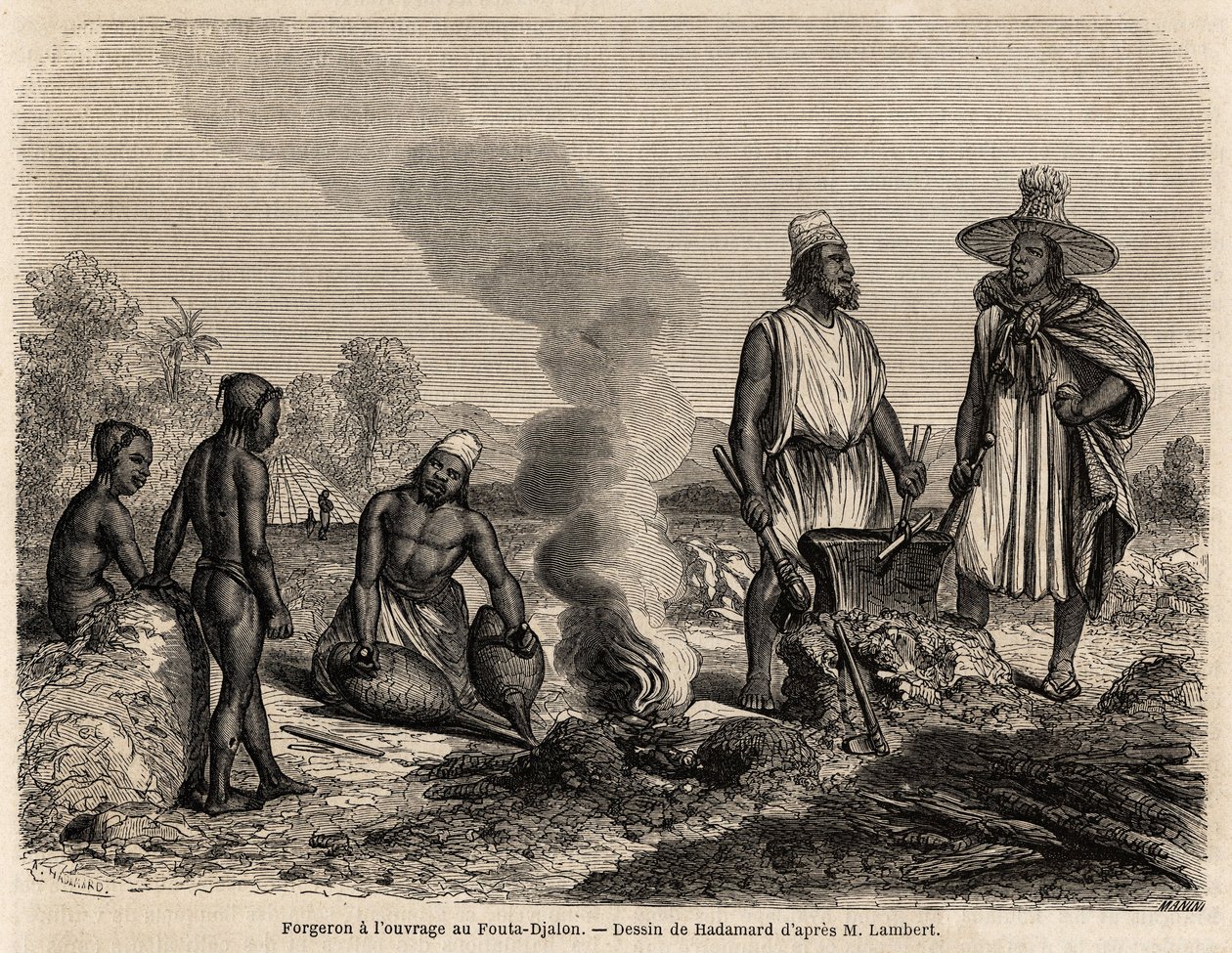 Schmied bei der Arbeit in Fouta Djalon (Senegal), Zeichnung von Hadamard, zur Illustration der Reise von Leutnant Lambert nach Fouta Djalon im Jahr 1860. Gravur in „Le tour du monde“ 1861. Selvas Sammlung. von French School
