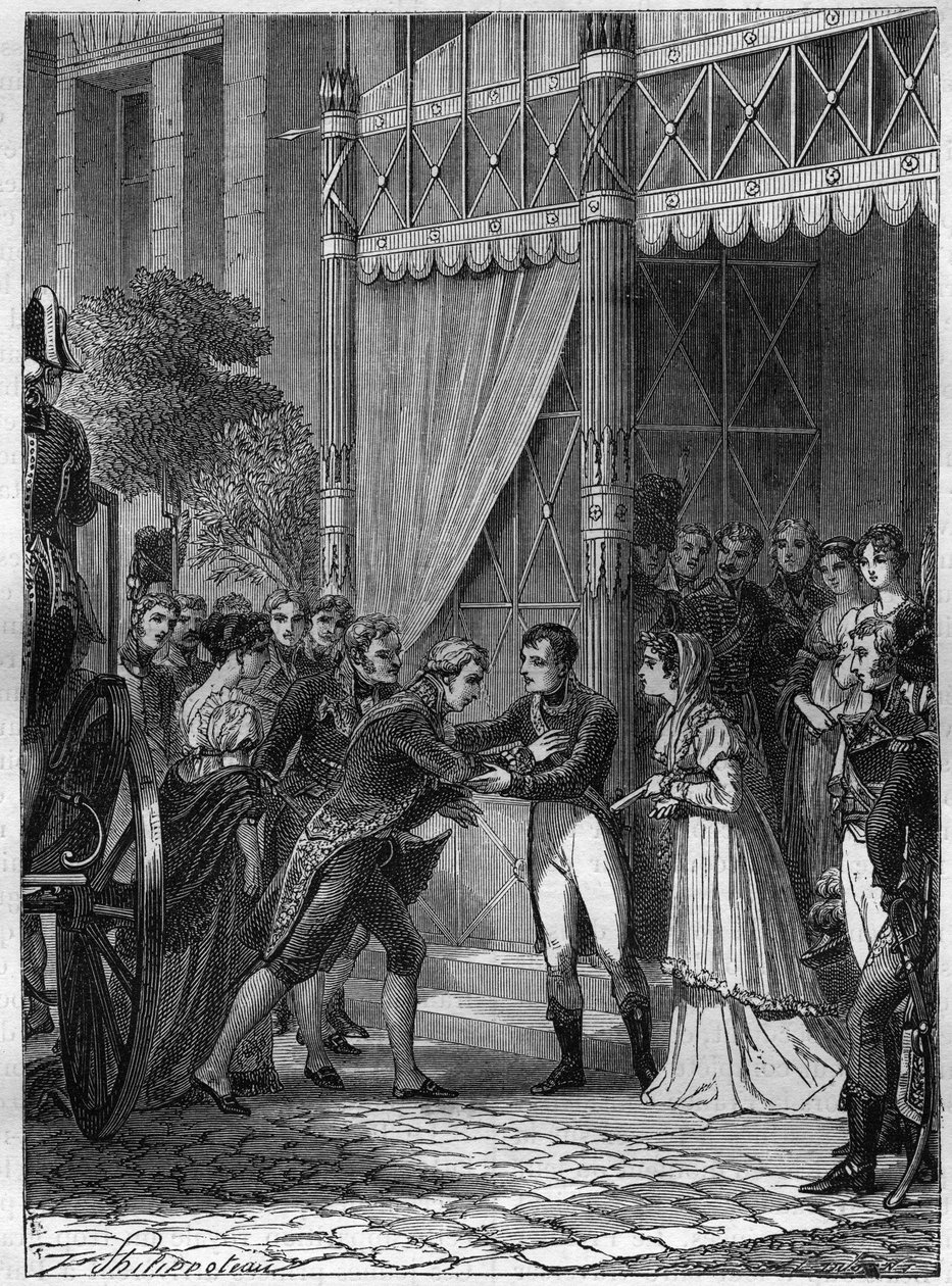 Bonaparte und Josephine de Beauharnais empfangen den jungen König von Etrurien, Louis I (Louis I von Bourbon oder Ludovico I von Borbone) (1773-1803), begleitet von seiner Frau, Marie Louise (Marie Louise) von Bourbon (1782-1824) in ihrem Haus in Malmaison von French School