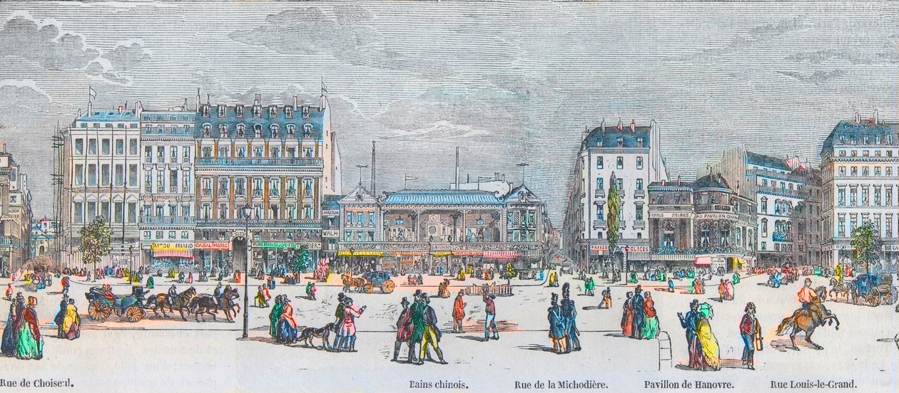 Boulevard des Italiens Südseite und Boulevard des Capucines Südseite - Rue de Choiseul - Bains Chinois - Rue de la Michodière - Pavillon de Hanover - Rue Louis-le-Grand - Gravur in „Tableau-de-Paris“ von Edmond Texier 1852 von French School