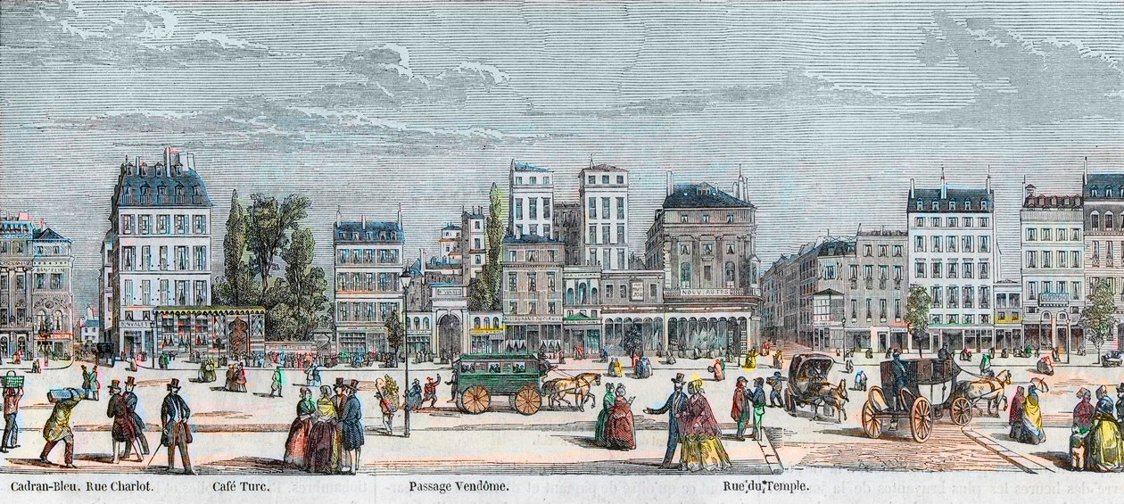 Boulevard du Temple Südseite - Rue Charlot - Café Turk - Passage Vendôme - Rue du Temple - Gravur in „Tableau-de-Paris“ von Edmond Texier 1852 von French School