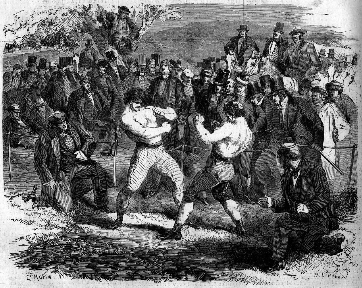Boxkampf zwischen dem Engländer Thomas Sayers (1826-1865) und dem Amerikaner John Carmel Heenan (1833-1873) in Aldershot, England, 17. April von French School