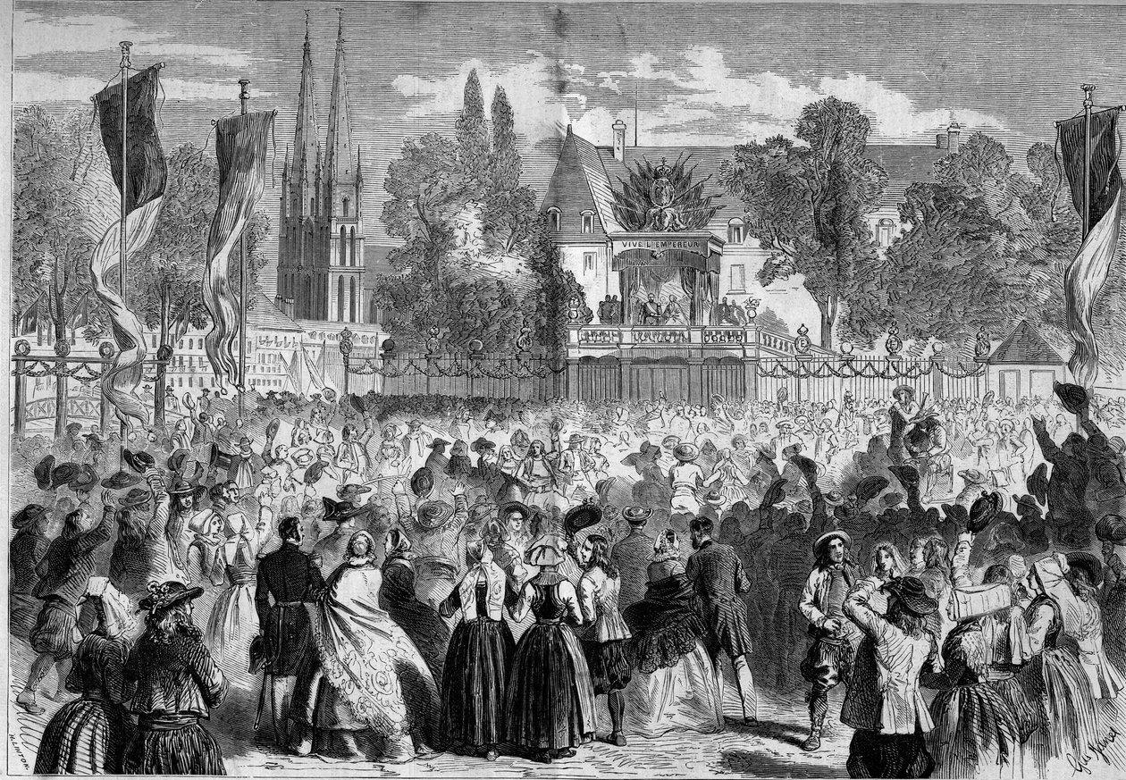 Bretonischer Ball auf dem Schlachtfeld in Quimper (Finistère, 29) in Anwesenheit von Napoleon III. (1808-1873) und der Kaiserin Eugénie (1826-1920). Gravur in „Le Monde Illustré“ Nr. 72 vom 28. August. von French School