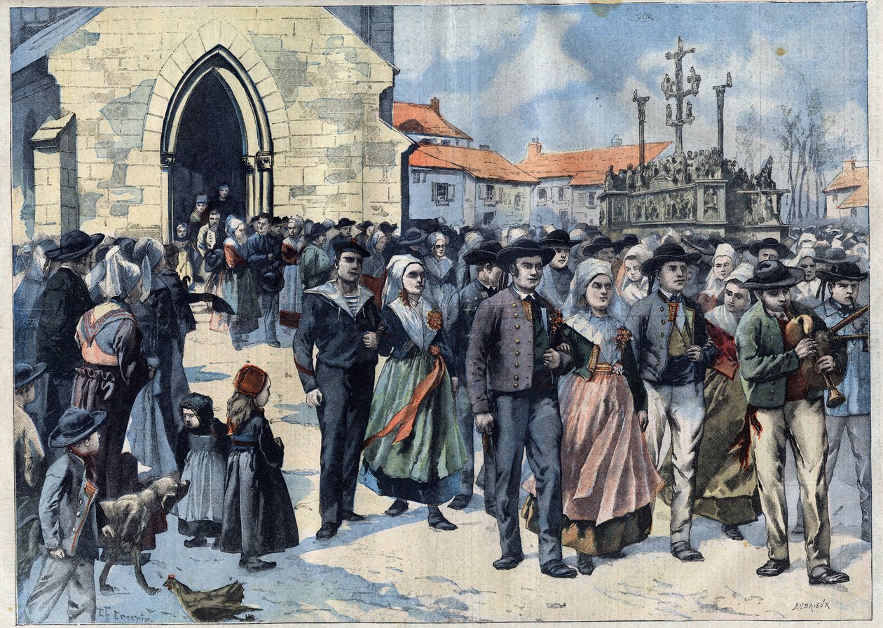 Bretonischer Brauch: Traditionelle Hochzeit in Plougastel (Finistère, Bretagne). Hochzeitsgesellschaft verlässt die Kirche. Gravur in Le Petit Parisien von French School