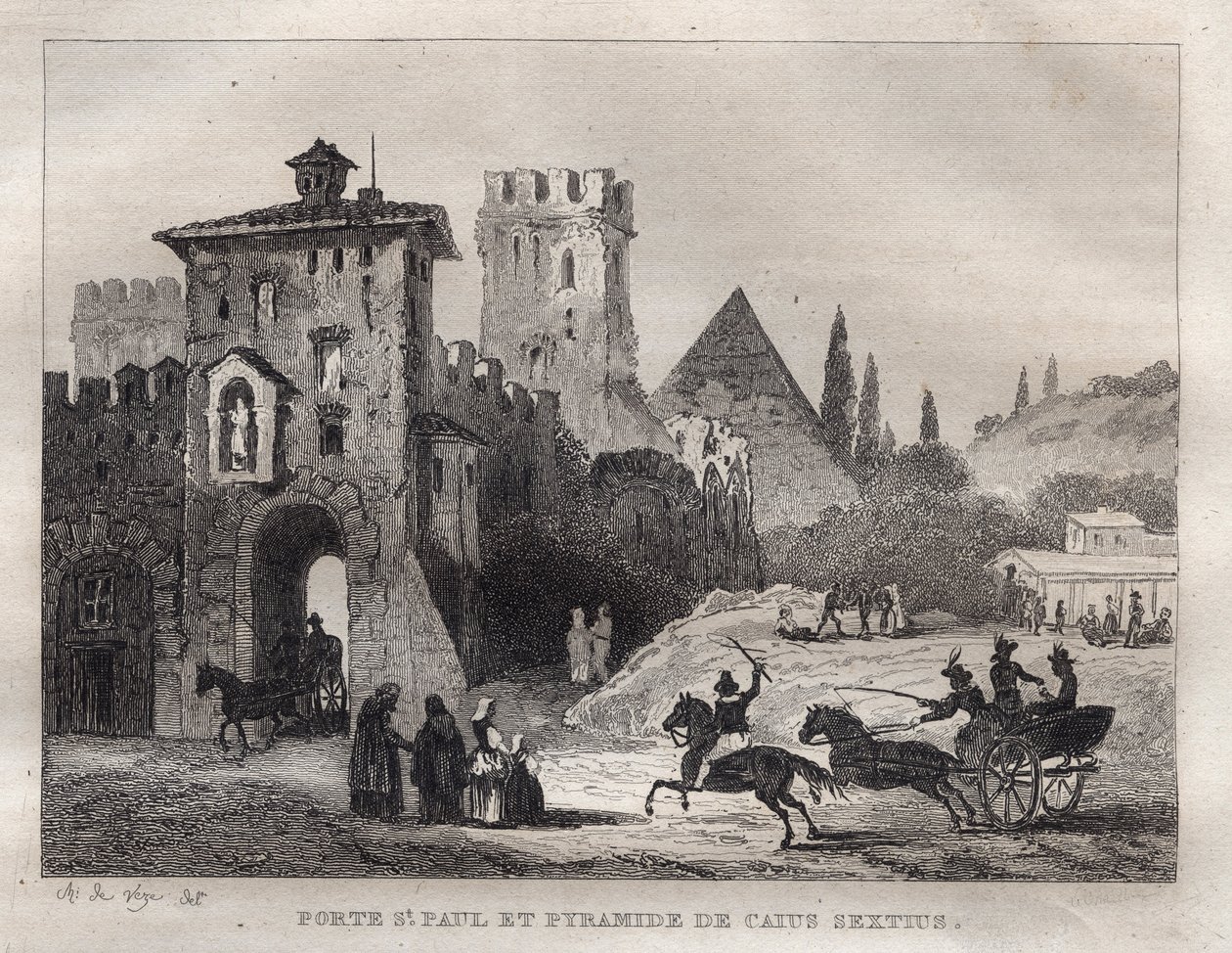 Caius Cestius Pyramide und Tor von St. Paul in Rom - Gravur aus „Picturesque Italy“ - Historische und beschreibende Darstellung von Italien“ von M. de Norvins, Ch. Nodier 1834-1836 von French School