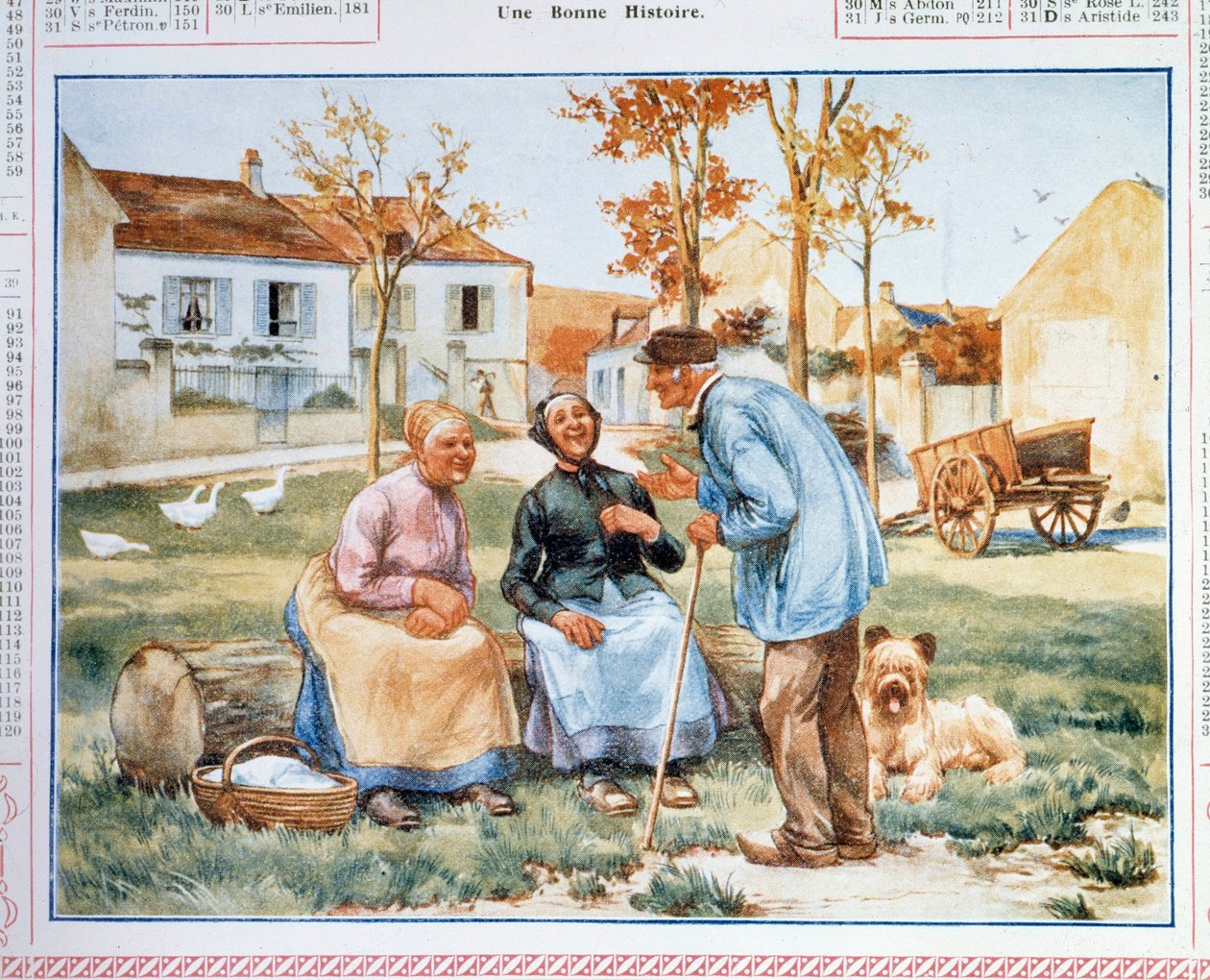 Kalender der Post- und Telekommunikation (PTT) darstellend drei Bauern im Gespräch. 20. Jahrhundert von French School