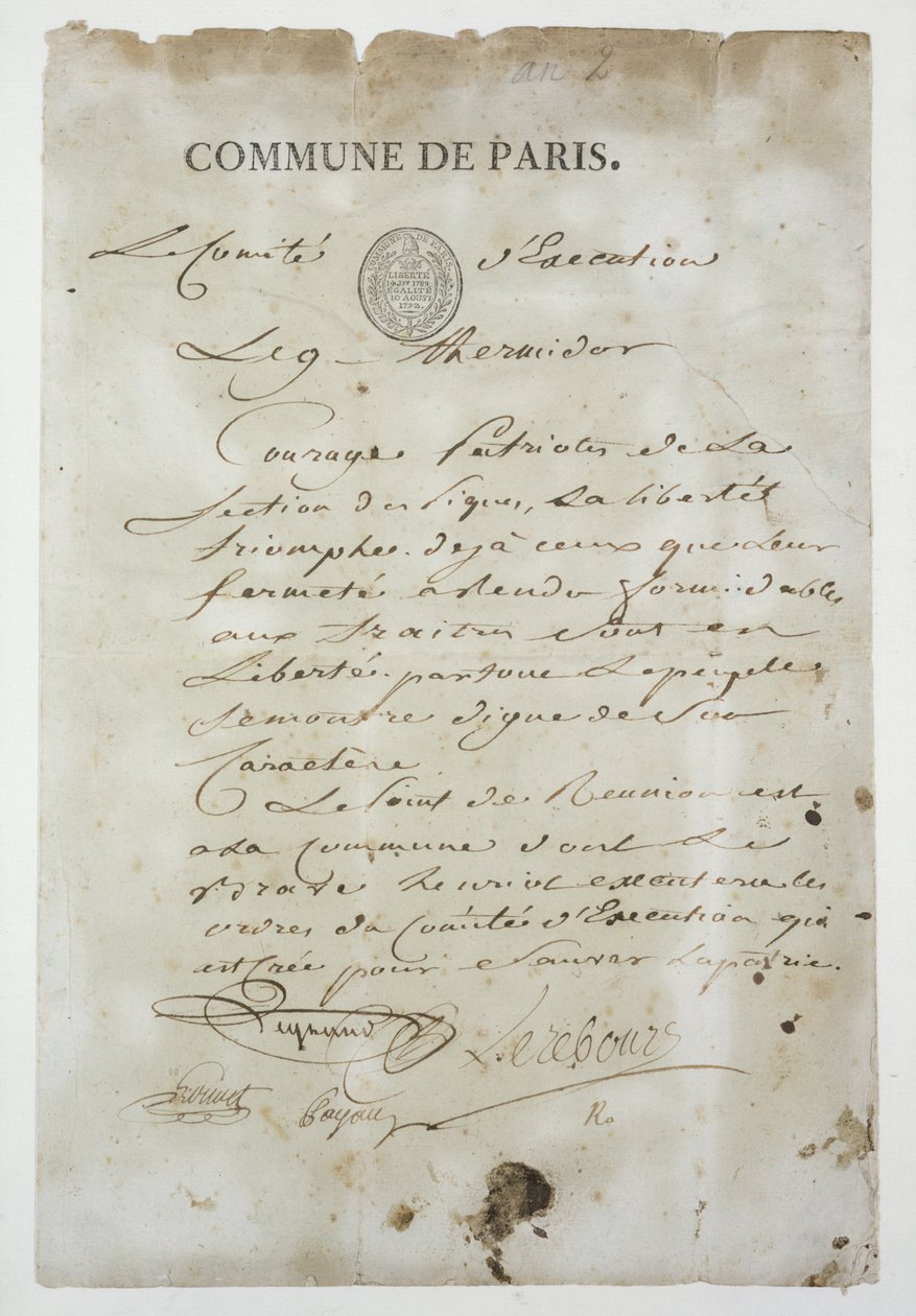Aufruf von Maximilien de Robespierre zur Teilnahme an der Kommune, 9. Thermidor Jahr 2 (27. Juli 1794) von French School