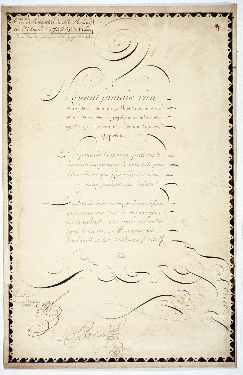 Kalligraphie: Empfangsstück datiert 1737 von Andre Francois Roland. von French School