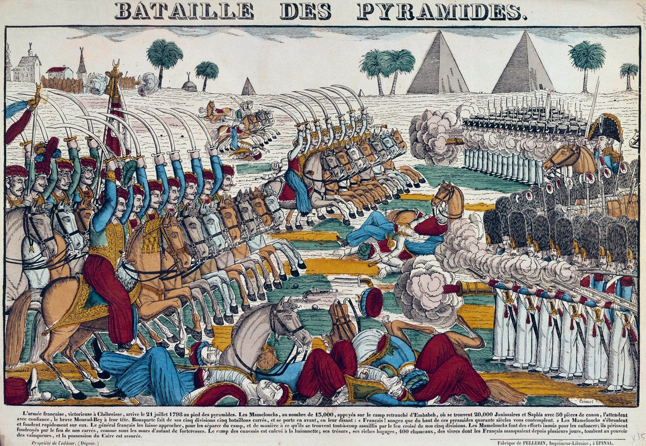 Ägyptische Expedition (1798-1801): Schlacht von Ägypten am 21.07.1798. Gravur des 19. Jahrhunderts. von French School
