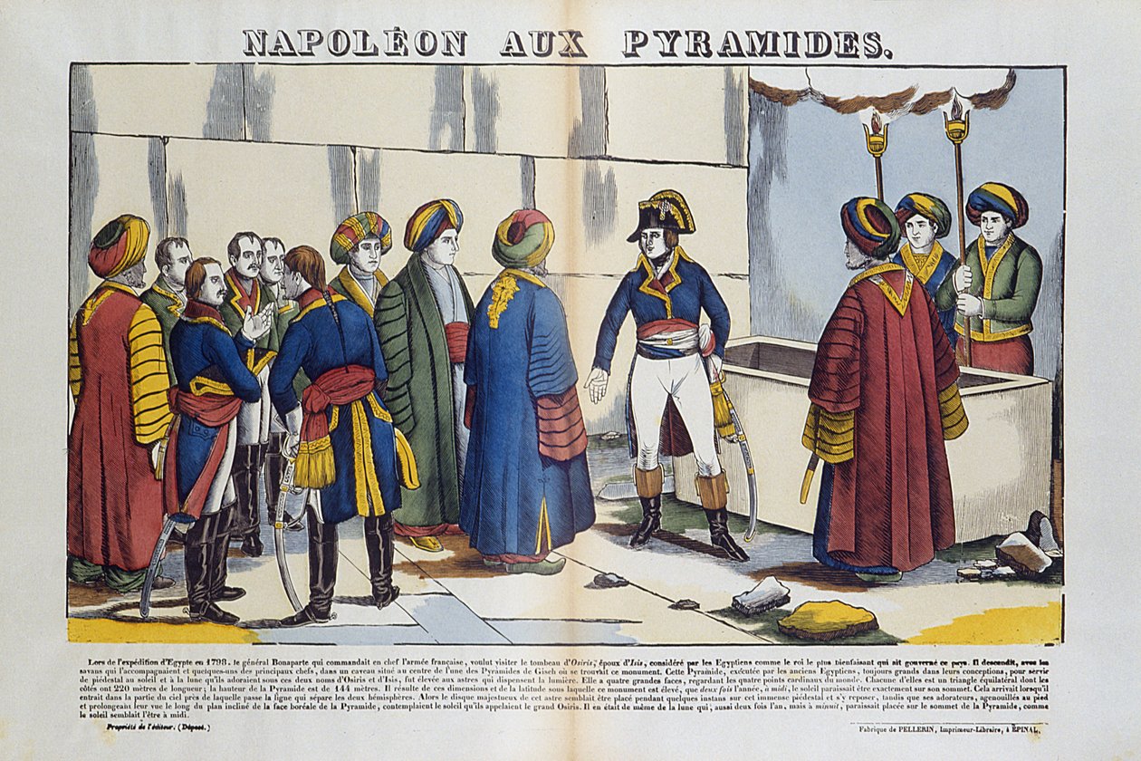 Kampagne (Expedition) von Ägypten (1798-1801): Bonaparte Napoleon an den Pyramiden von Ägypten 1799. Bild von Epinal. von French School