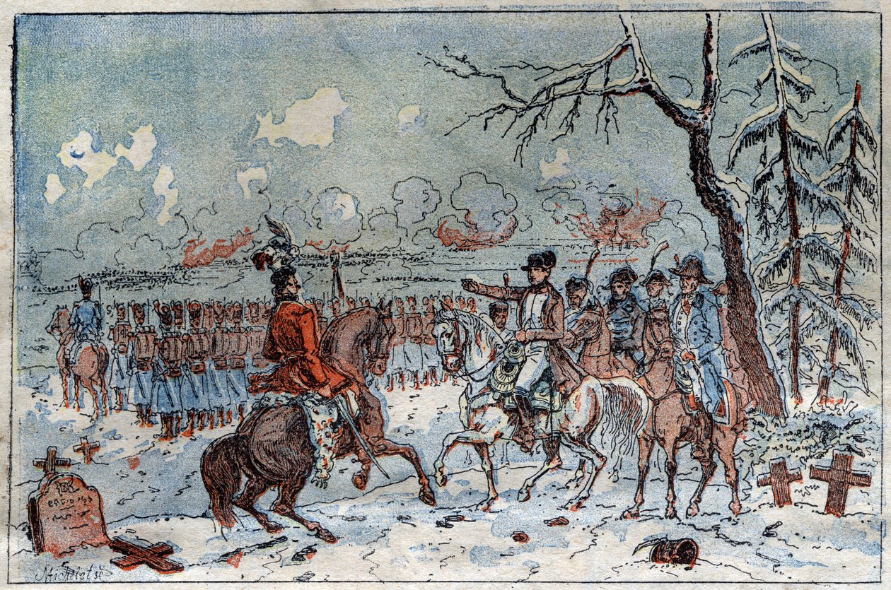 Kampagne von Preußen und Polen: Napoleon I. auf dem Schlachtfeld von Eylau am 08.02.1807 befiehlt Murat, die russische Kavallerie zurückzuschlagen. Gravur des 19. Jahrhunderts. von French School