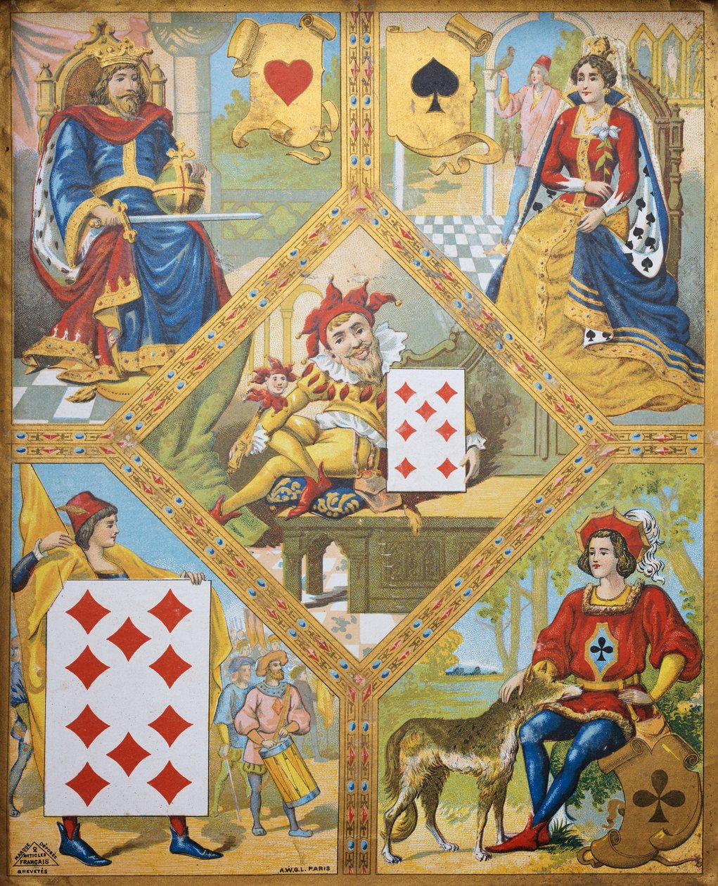 Kartenspiel, Platte mit Herz-König, Pik-Dame, Karo-Zehn und Kreuz-Bube, Zwerg Lindoro mit Karo-Sieben in der Mitte, Frankreich von French School