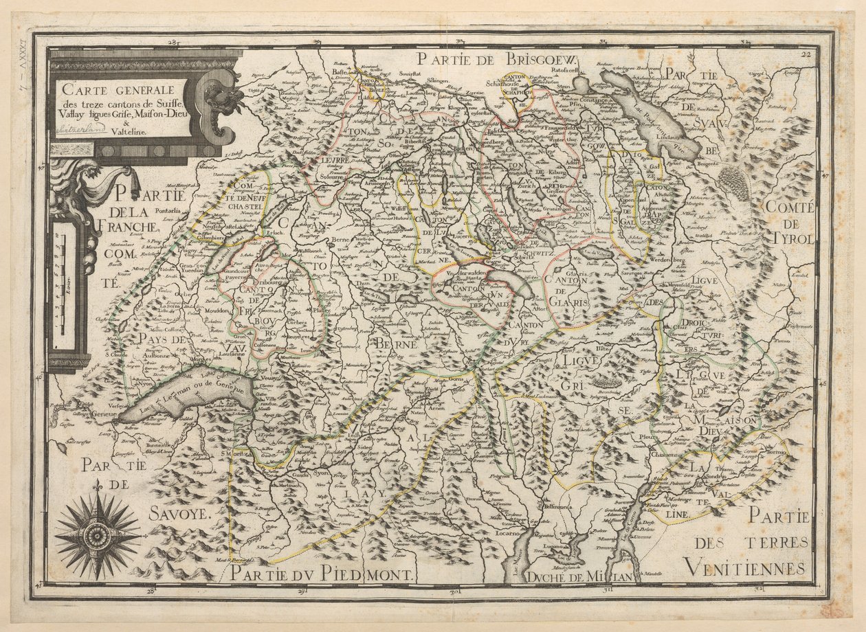 Carte generale des treze cantons de Suisse, Vallay, Ligues, Grise, Maison-Dieu, et Valteline von French School