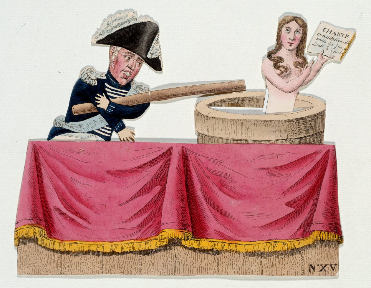 Karikatur, die König Karl X. in Form von Guignols darstellt, der die konstitutionelle Charta leugnet, als der König im Juli 1830 die Pressefreiheit abschaffte (Saint-Cloud-Verordnungen) von French School