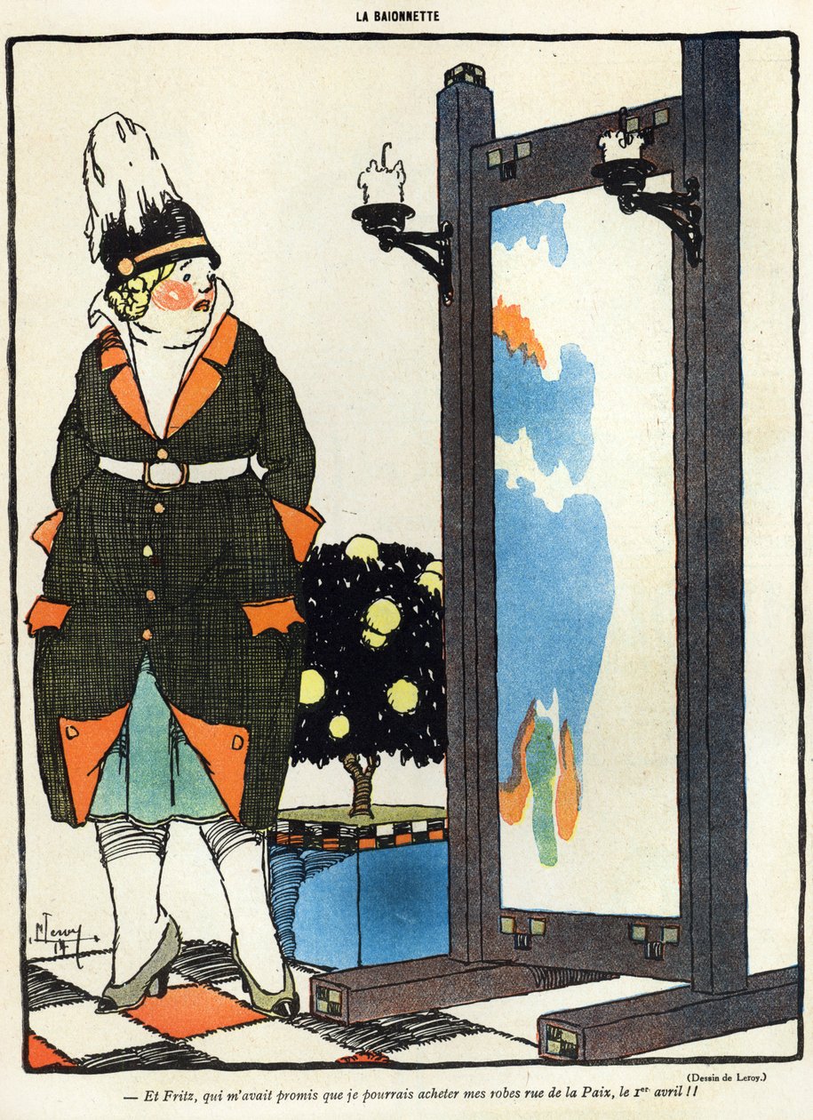 Karikatur einer deutschen Dame, die enttäuscht ist, ihre neuen Kleider nicht in Paris in der Rue de la Paix kaufen zu können, aus der April-Ausgabe von La Baionette, 29. März 1917 von French School