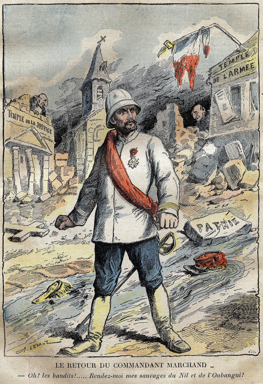 Karikatur über Kommandant Jean-Baptiste (Jean Baptiste) Marchand (1863-1934) in Toulon, Rückkehr von einer Erkundungsmission (1896-1899) in Afrika. Gravur in „Le Pelerin“ 4/06/1899. von French School