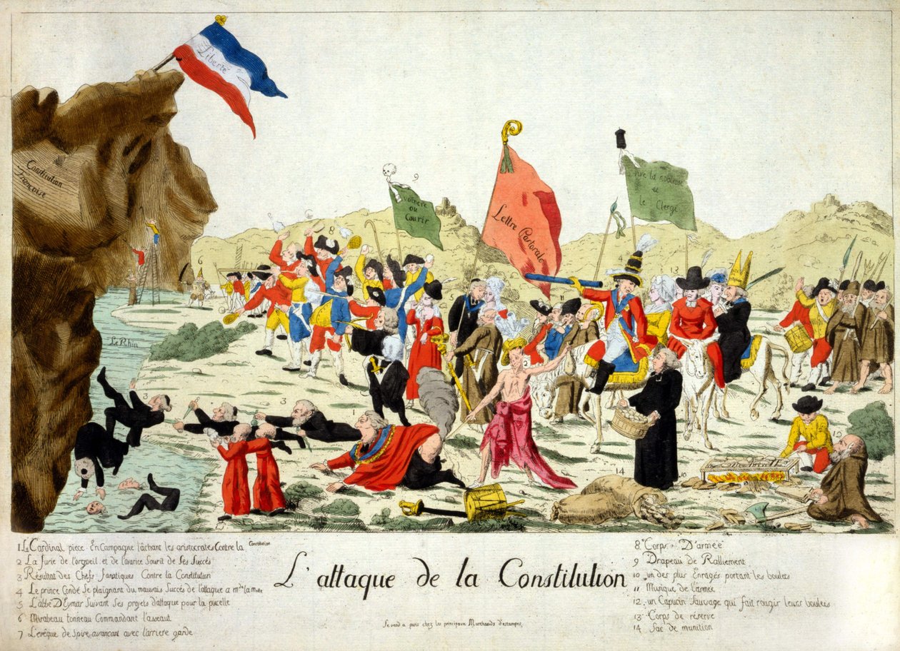Karikatur zeigt Mitglieder verschiedener Gruppen, die einen Felsen angreifen, der als „Französische Verfassung“ identifiziert ist, auf dem die französische Flagge mit der Inschrift „Liberté“ ruht. Gruppen sind nummeriert und unten im Text identifiziert. 17 von French School