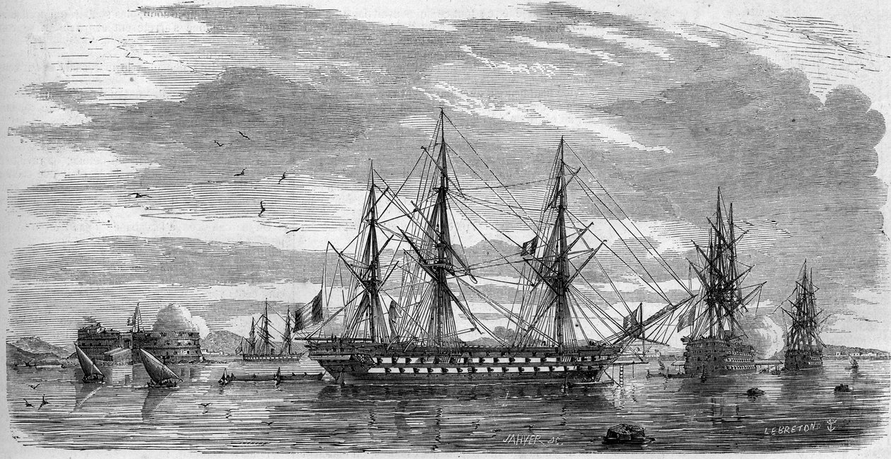Katholisches Fest: Karfreitag in Toulon (Var, 83) im Jahr 1858. Die Schiffe haben ihre Masten gekreuzt und ihre Flaggen auf Halbmast als Zeichen der Trauer. Gravur in „Le Monde Illustré“ Nr. 53 vom 17. April 1858. von French School