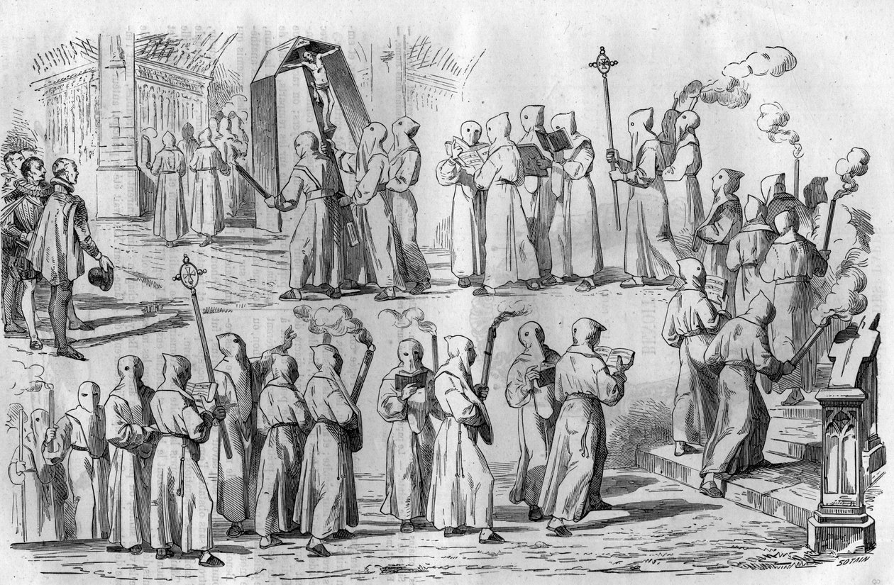 Katholischer Spaß und Aberglaube. Prozession der Büßer während des Angriffs auf Rom durch Kaiser Otto I. den Großen (912-973). Gravur in 