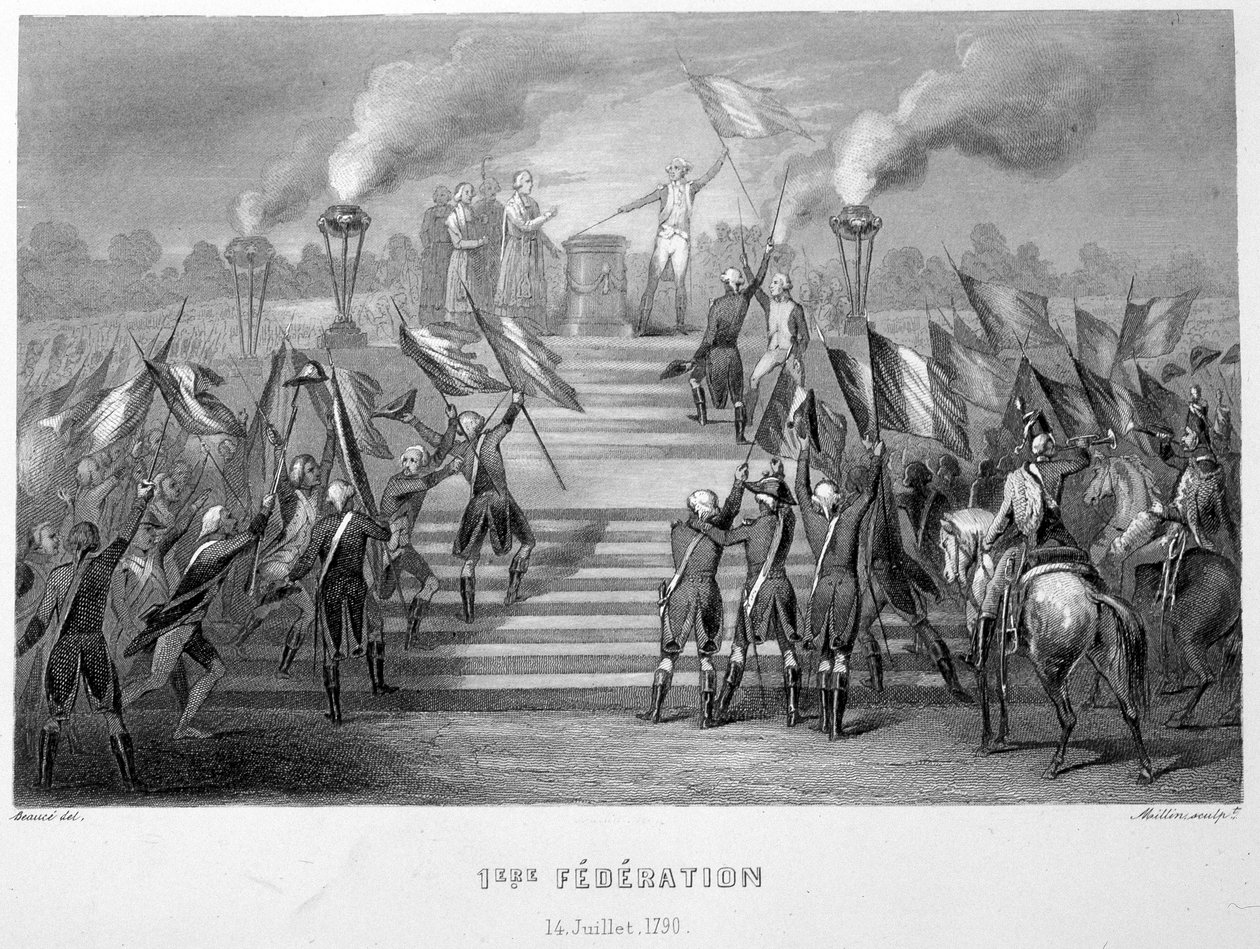 Feier der 1. Nationalen Föderation am 14. Juli 1790 auf dem Altar des Vaterlandes im Champs-de-Mars, anlässlich des 1. Jahrestages der Erstürmung der Bastille - in „Fasttes de Gardes nationales de France“ von French School