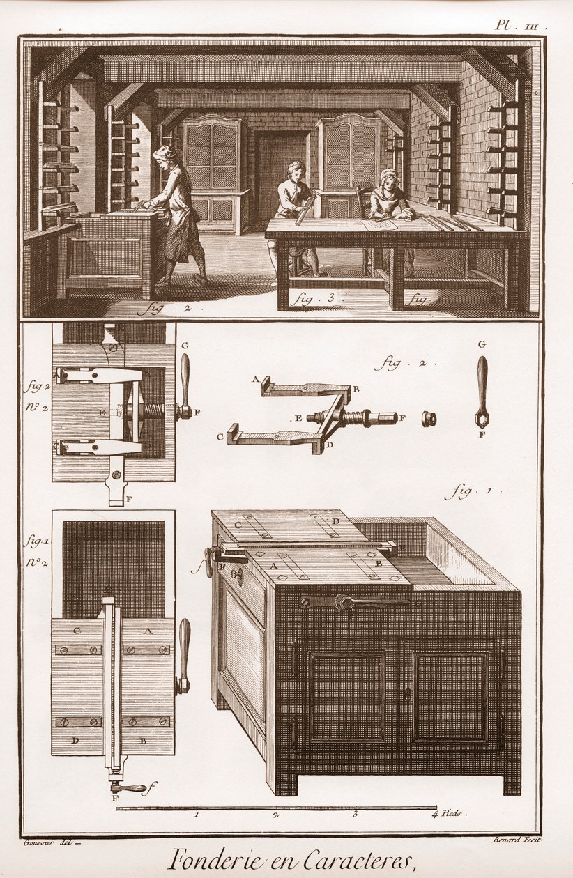 Schriftgießerei - „Die Große Enzyklopädie, oder Wörterbuch der Wissenschaften, Künste und Berufe“ von Denis Diderot (1713-1784) und Jean d