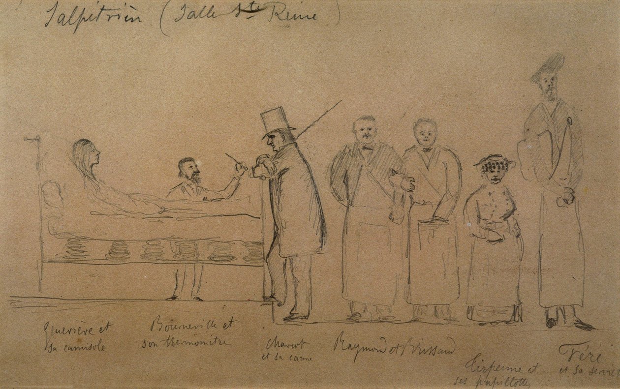 Charcot, gezeichnet von einem seiner Schüler. Von links nach rechts: Patientin Genevieve in einer Zwangsjacke, Doktor Desire Magloire Bourneville mit einem Thermometer, Jean Martin Charcot, Raymond und Brissaud, Me Tirperme und Charles Fere. Heilige Königi von French School