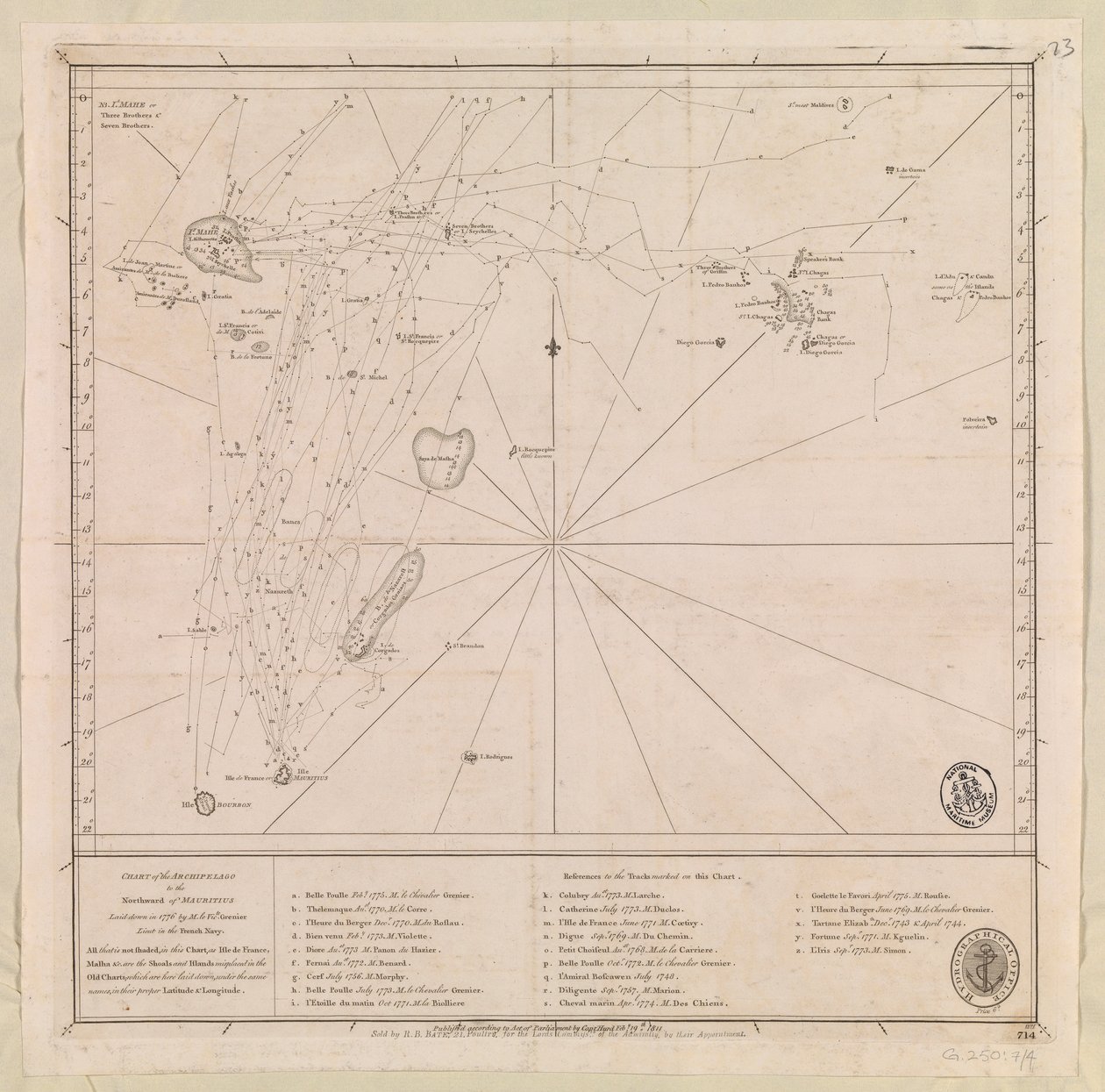 Karte des Archipels nördlich von Mauritius, erstellt 1776 von M le Victe Grenier Leutnant in der französischen Marine [einschließlich Seychellen, südlichste Malediven, Mauritius-Gruppe & Chagos-Archipel] von French School