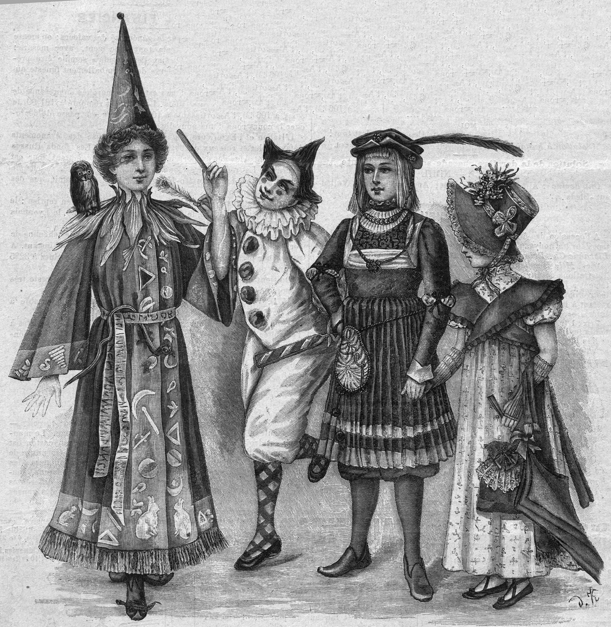 Kinderkleidung: Hexenkostüme, Clown, Page und „Empire“. Gravur in „La gazette du dimanche“ vom 23. Januar 1896 von French School