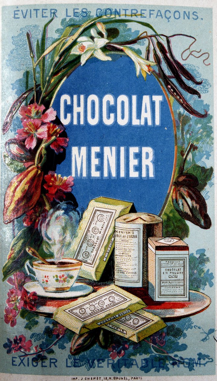 Schokoladenwerbung „Menier“ mit dem Hinweis „Vermeiden Sie Fälschungen“ von French School
