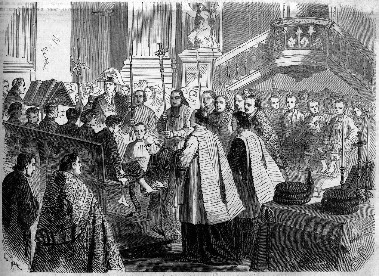 Christlicher Ritus - Gründonnerstag - 1860: die Fußwaschung in der Kirche Saint Sulpice in Paris. Gravur in „Le Monde Illustré“ Nr. 156 vom 7. April 1860. von French School