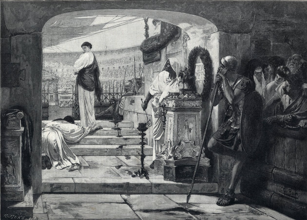 Christlicher Märtyrer betritt die Arena, um den Tieren übergeben zu werden. Gravur nach dem Gemälde von Albret Baur von French School