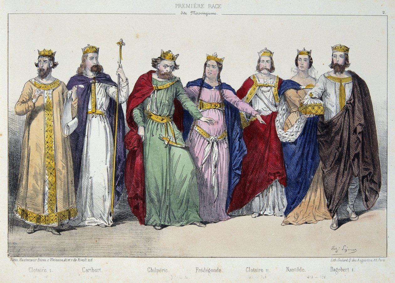 Clotaire I, Caribert, Chilperic, Fredegonde, Clotaire II, Nantilde, Dagobert I - in „La monarchie française en estampes“ von French School