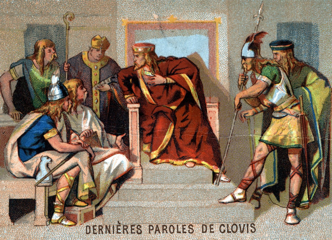 Die letzten Worte von Clovis: „Unglücklich bin ich! Ich bleibe wie ein Reisender unter Fremden und habe keine Eltern mehr, die mich unterstützen, wenn das Unglück kommt.“ Chromolithographie der Serie „Patriotische Erziehung durch Bild“ von French School