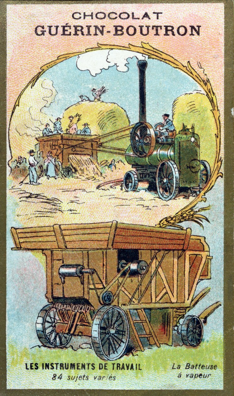 Sammelkarte von Chocolat Guerin-Boutron, die eine Dampfdreschmaschine zeigt von French School