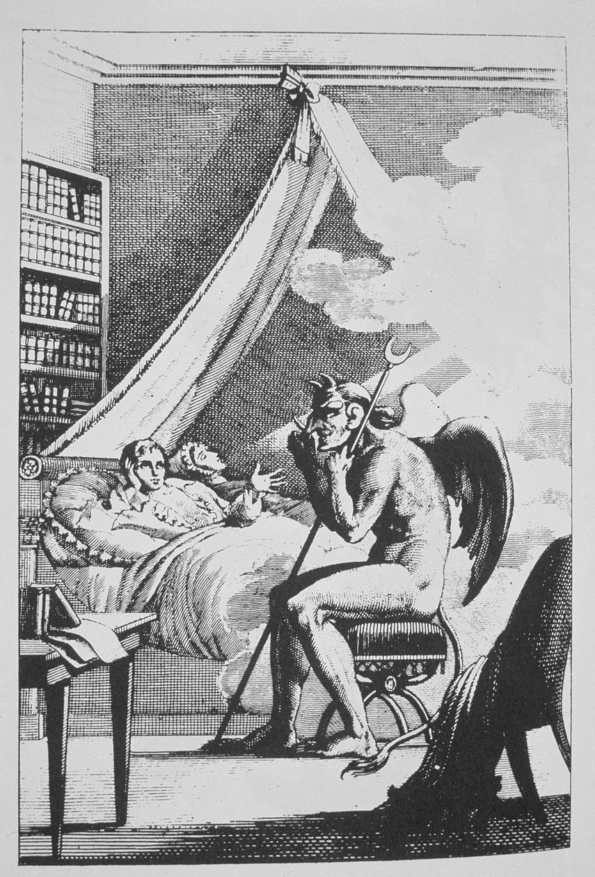 Collin de Plancy (1793-1887) im Gespräch mit dem Teufel, aus Le Diable Peint par Lui-meme (1825) illustriert in einer Geschichte der Magie, veröffentlicht Ende des 19. Jahrhunderts von French School